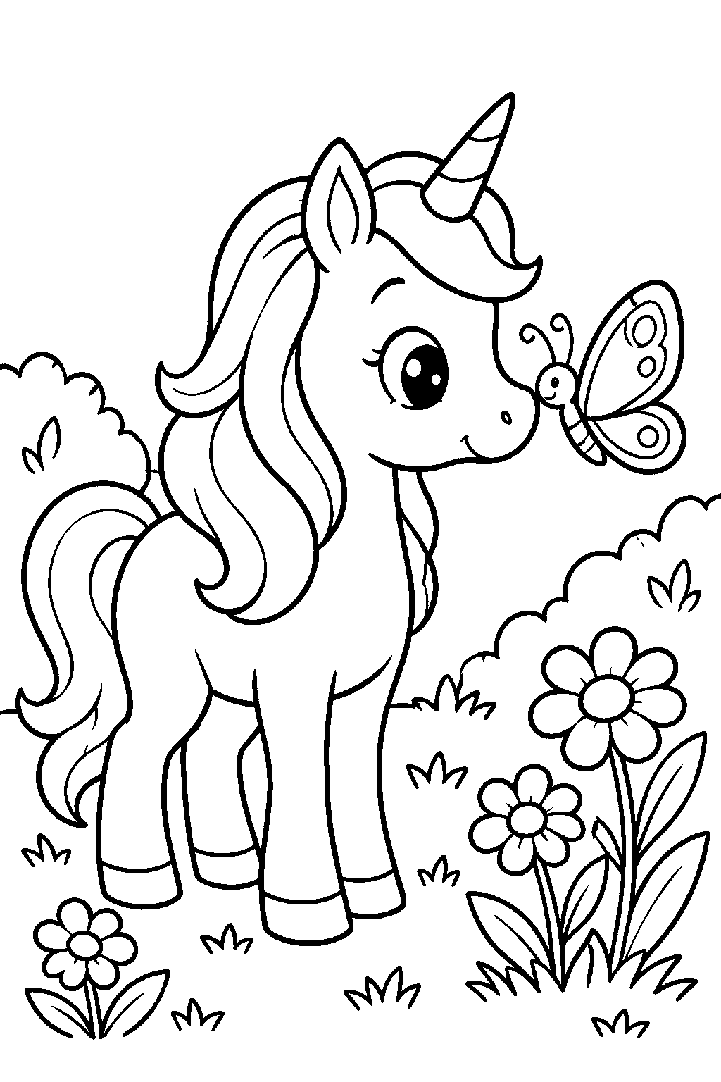 Unicorn and Butterfly coloring page for kids