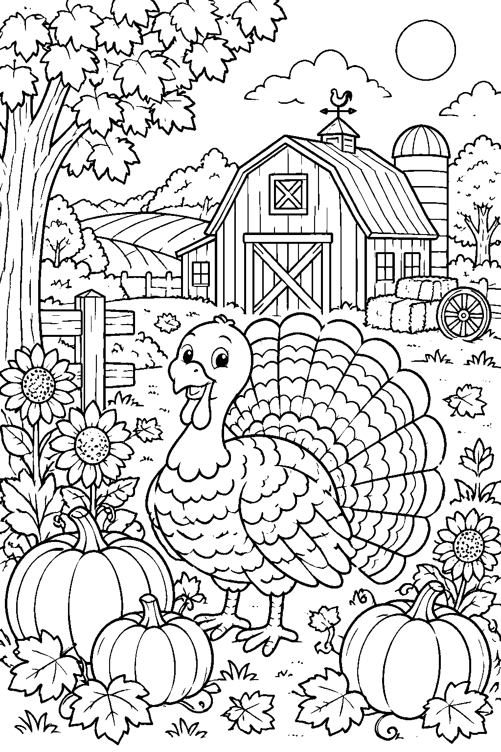 Autumn Farm Scene coloring page for kids