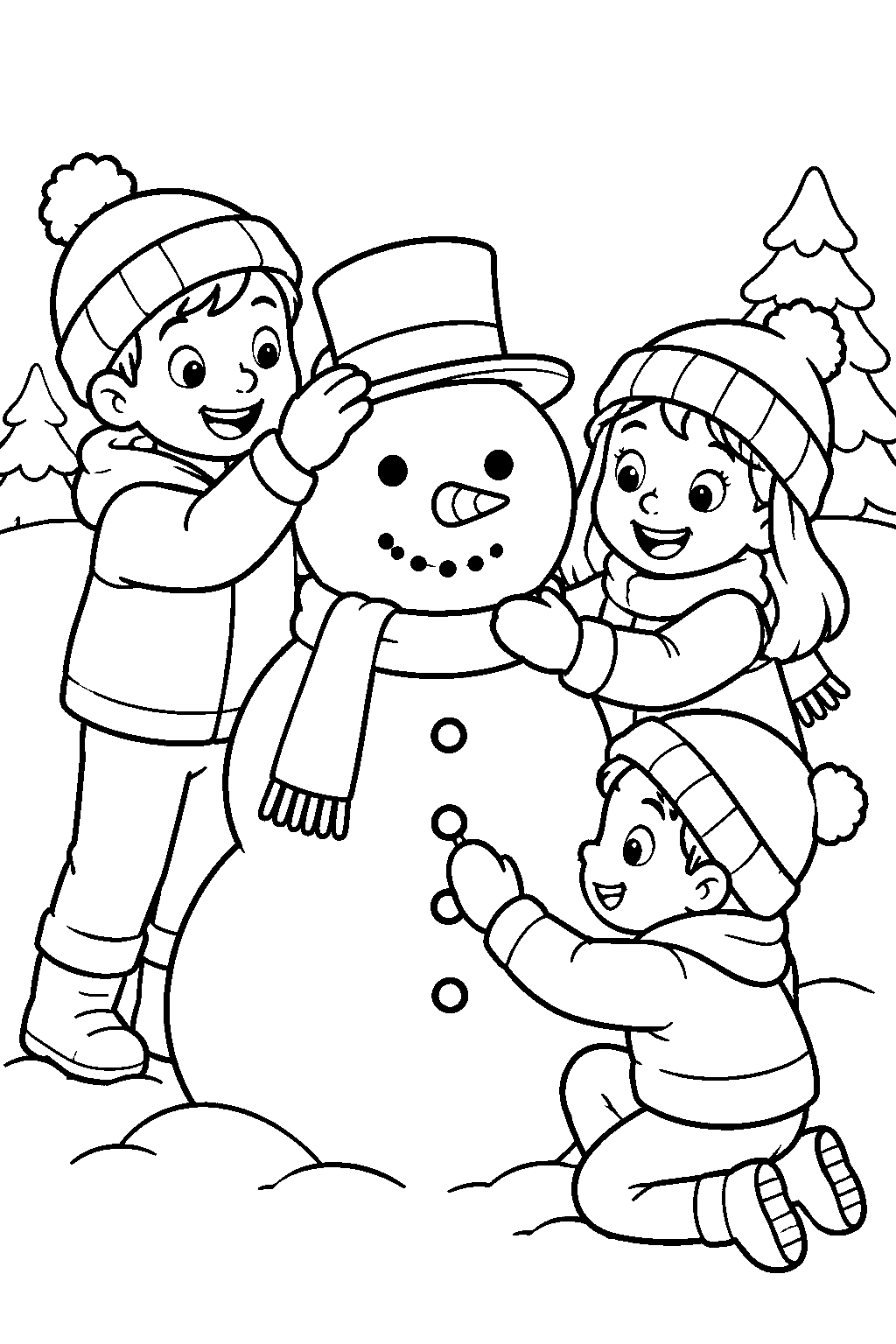 Building a Snowman coloring page for kids