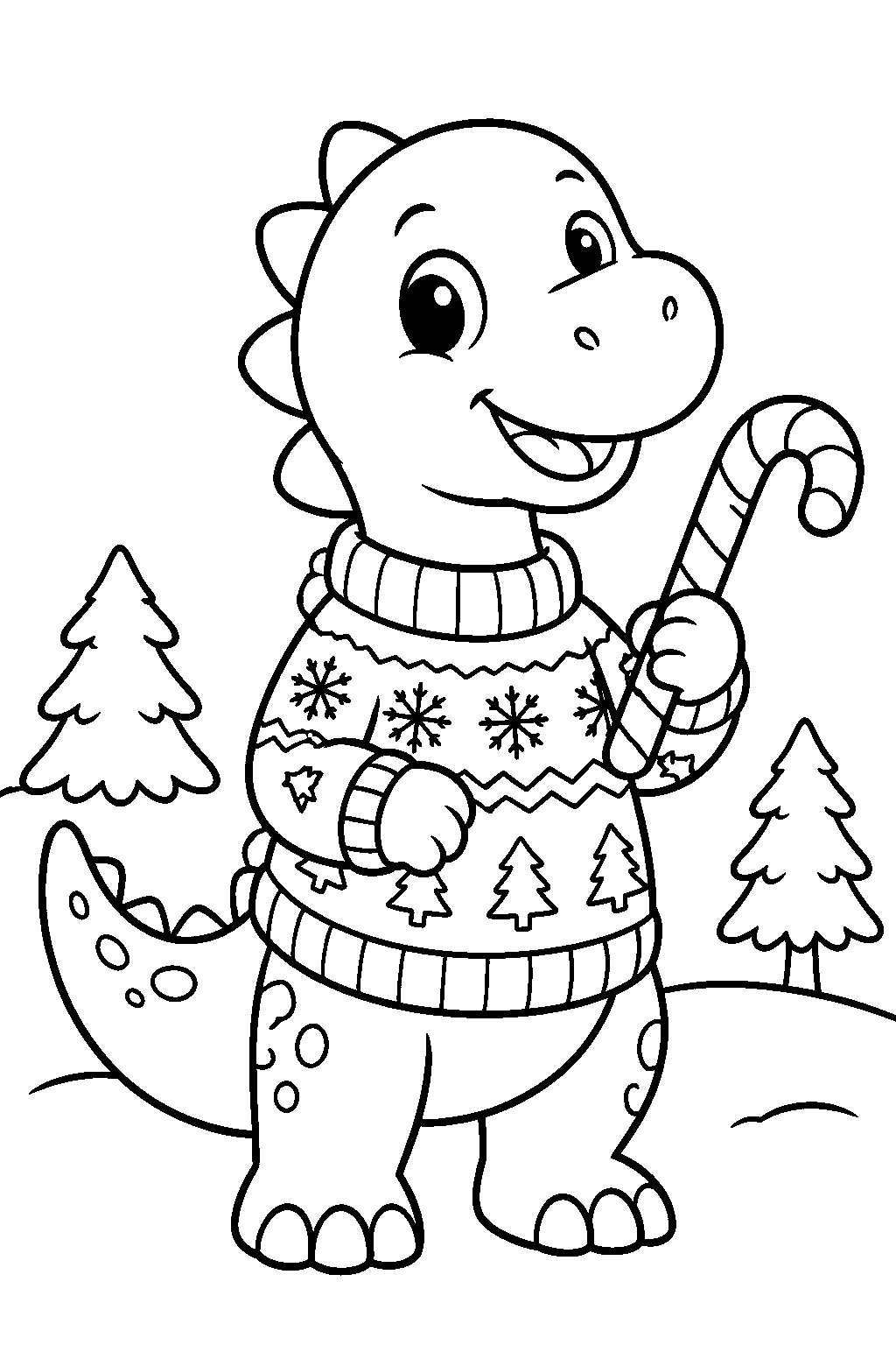 Dinosaur in a Christmas Sweater coloring page for kids