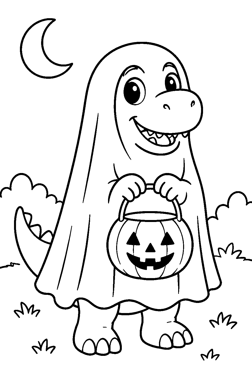 Dinosaur Trick or Treating coloring page for kids