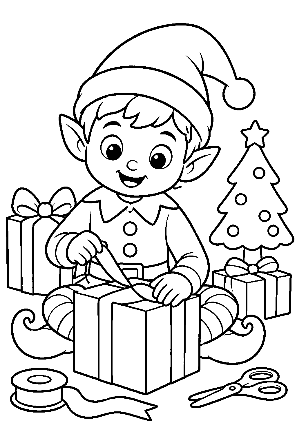 Elf Wrapping Presents coloring page for kids