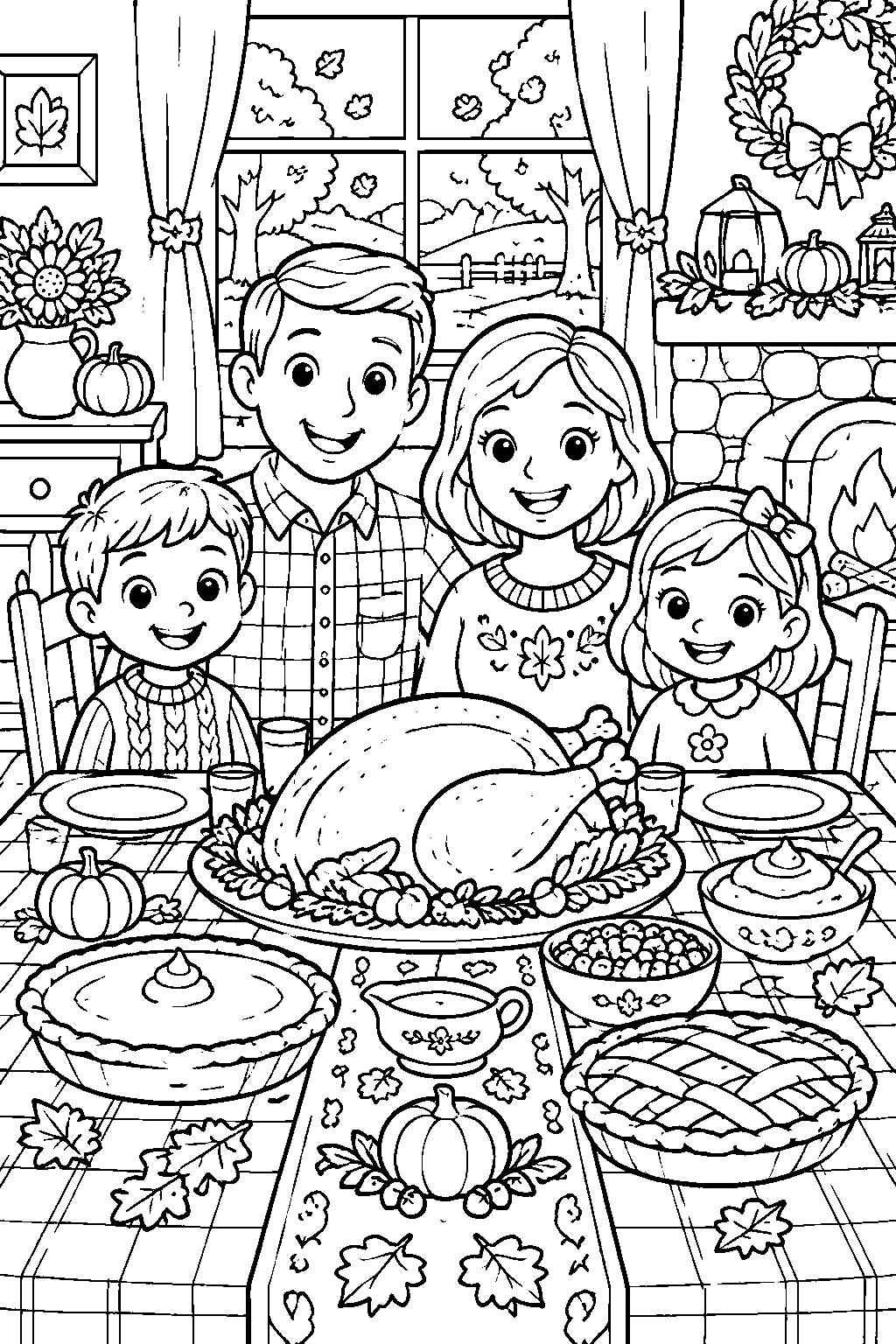 Family Thanksgiving Dinner coloring page for kids