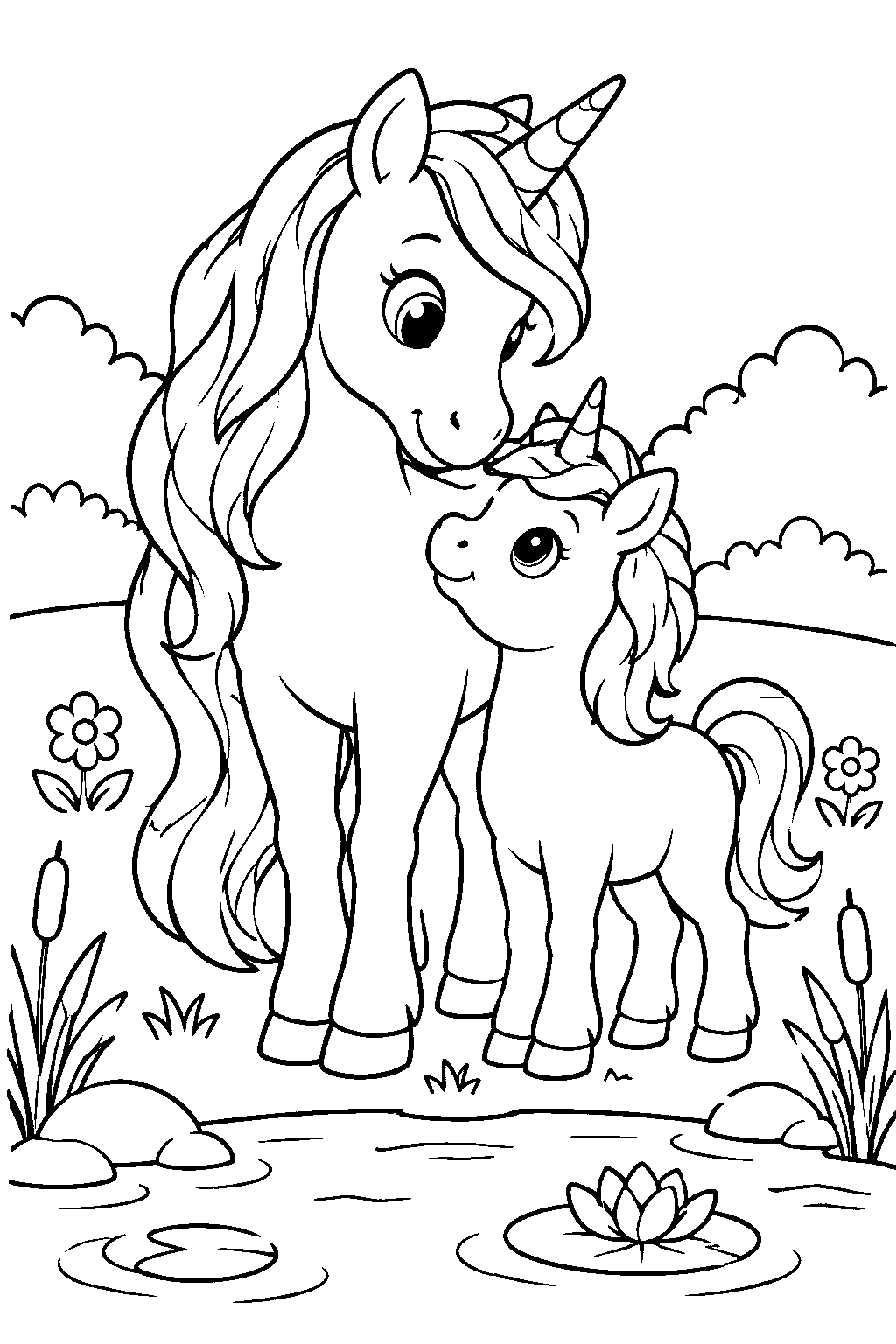 Unicorn Family coloring page for kids