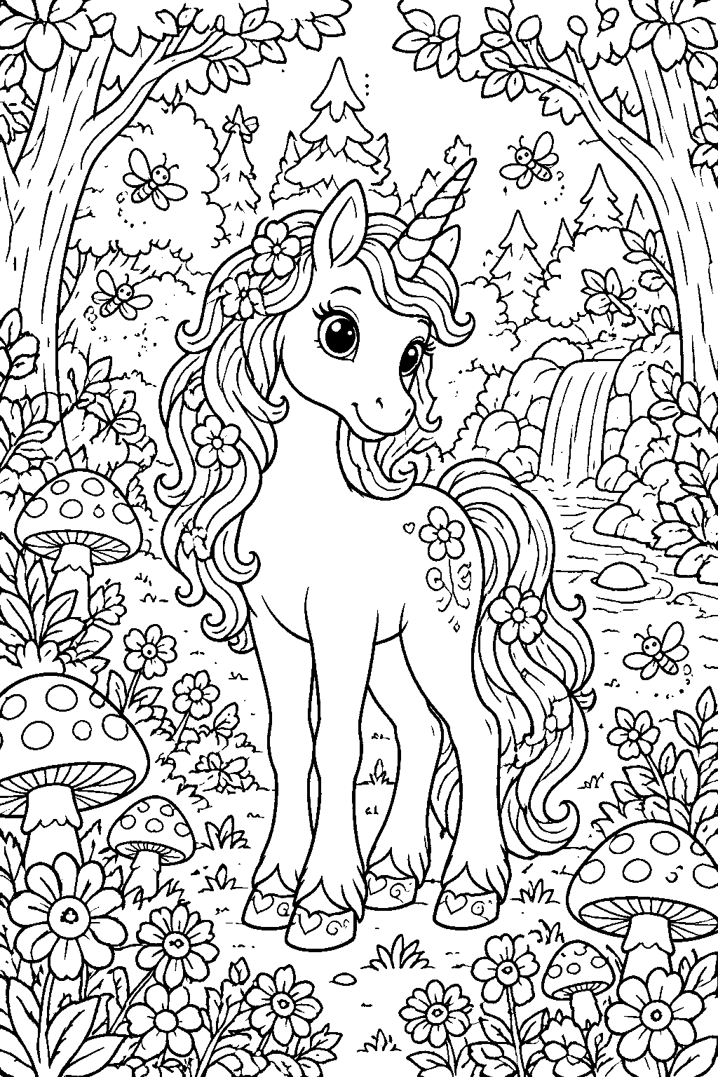 Unicorn in Enchanted Forest coloring page for kids