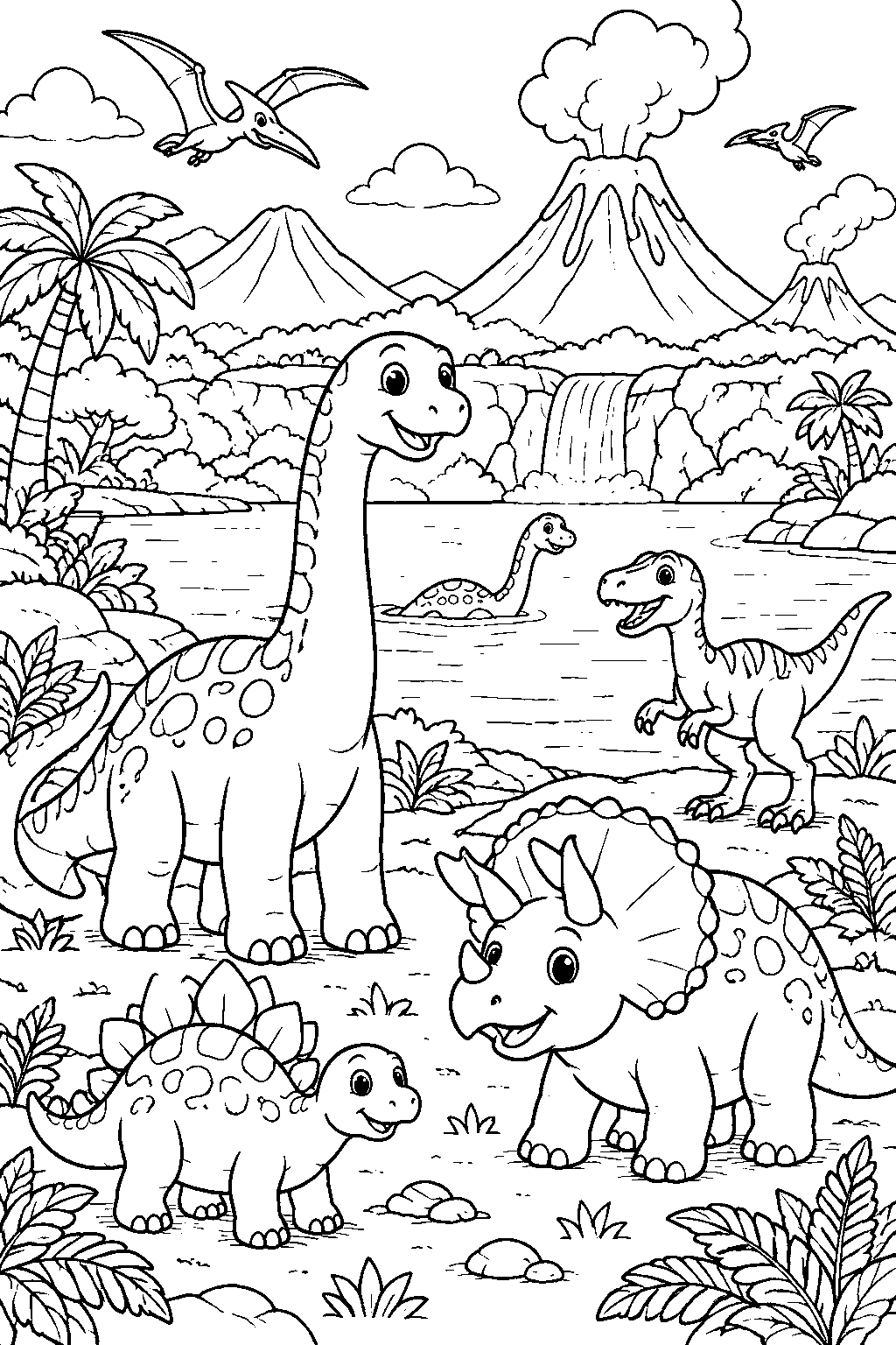 Jurassic Landscape coloring page for kids
