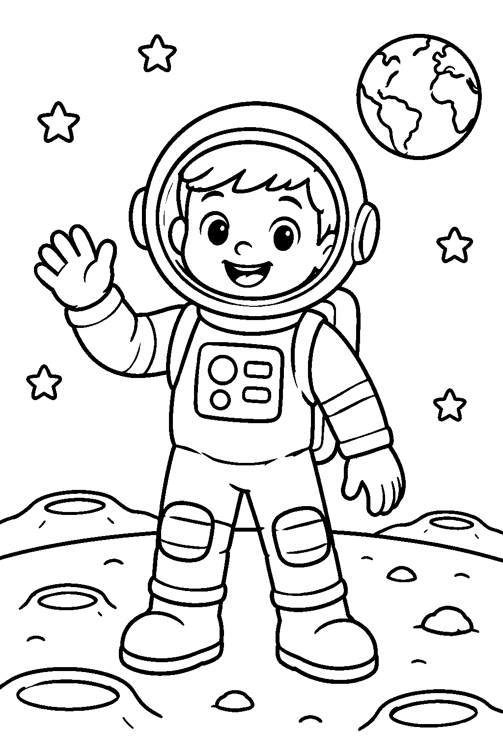 Kid Astronaut on the Moon coloring page for kids