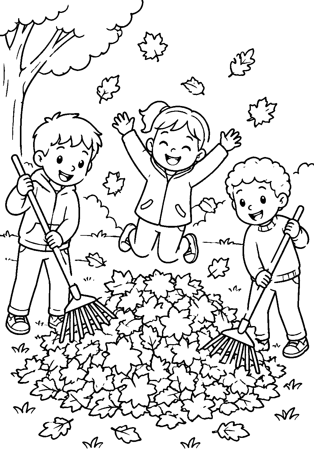 Kids Raking Leaves coloring page for kids