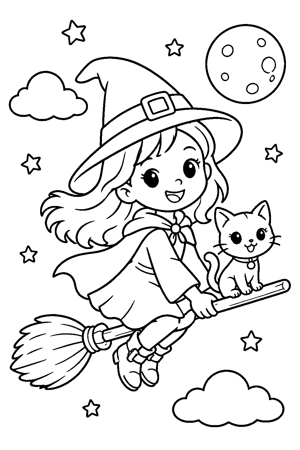 Little Witch on a Broom coloring page for kids