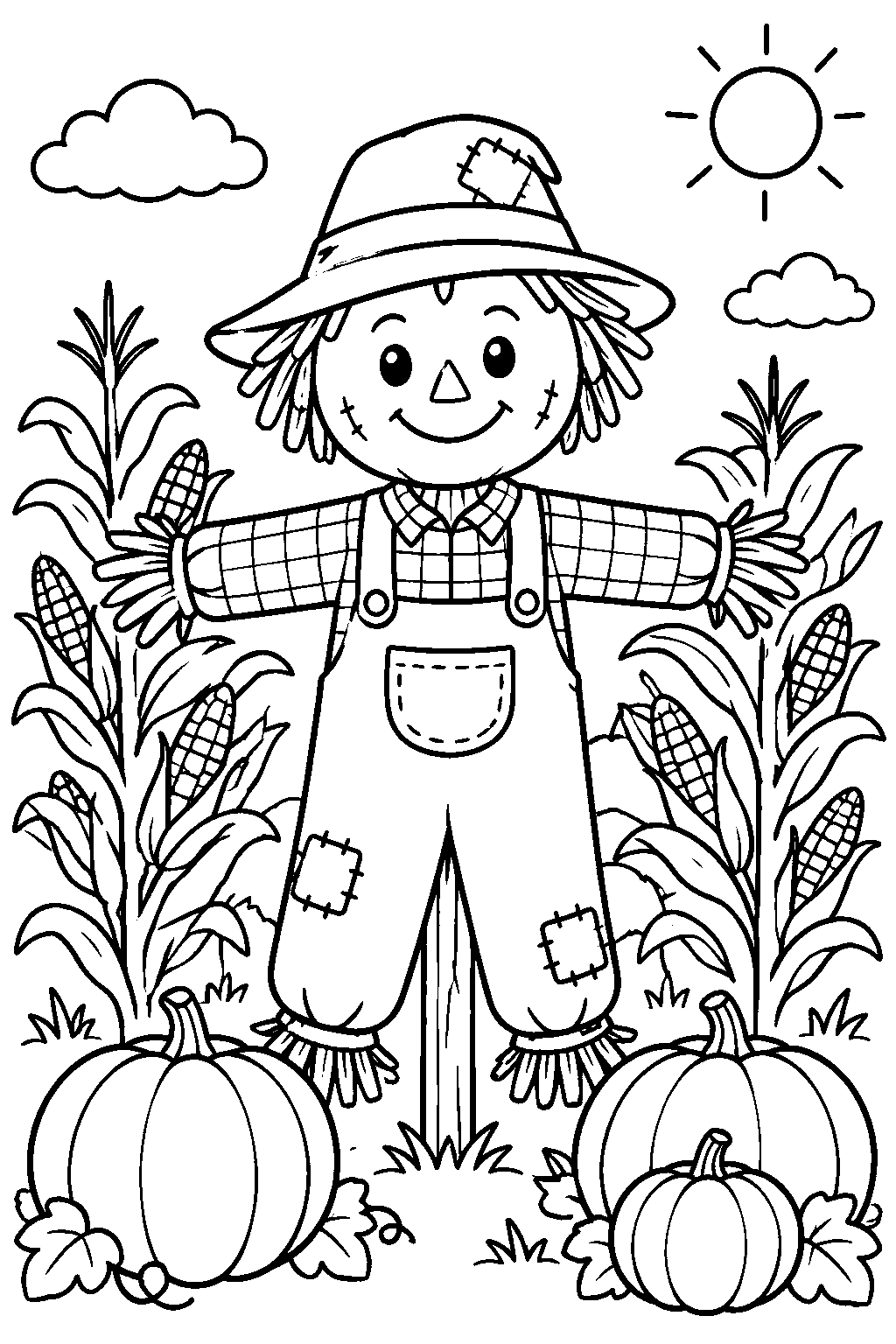 Scarecrow in a Field coloring page for kids