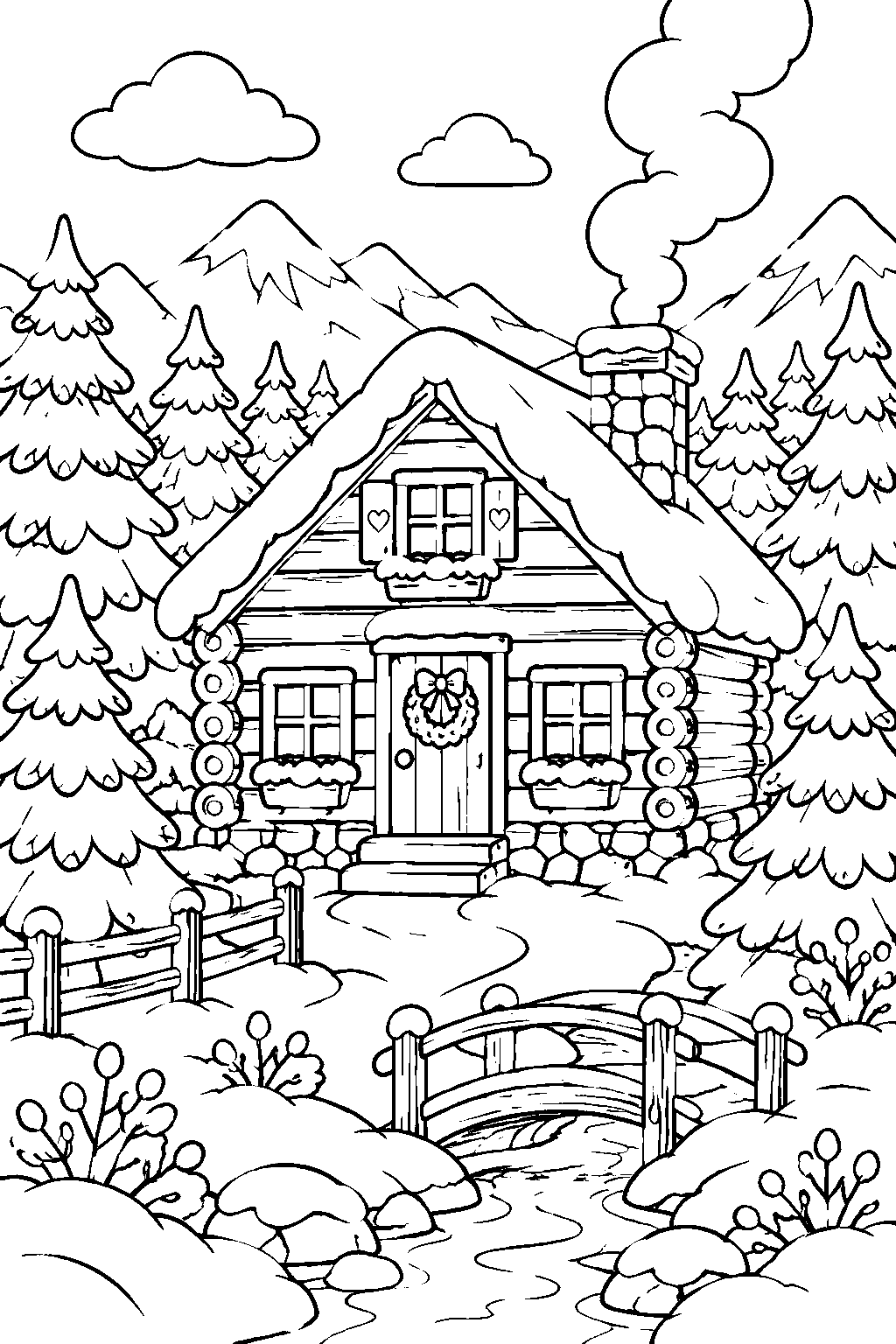Snowy Cabin coloring page for kids