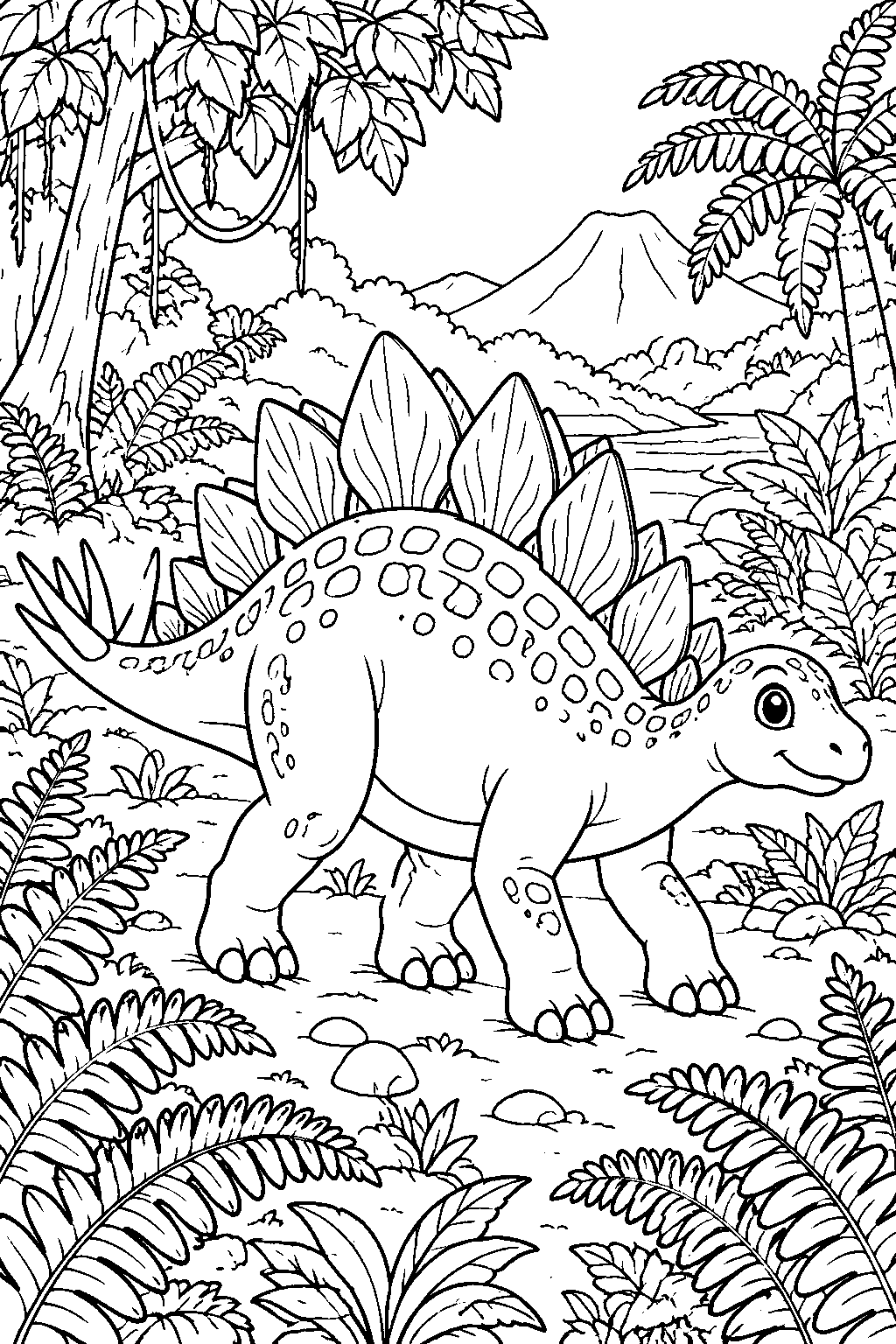 Stegosaurus in the Jungle coloring page for kids