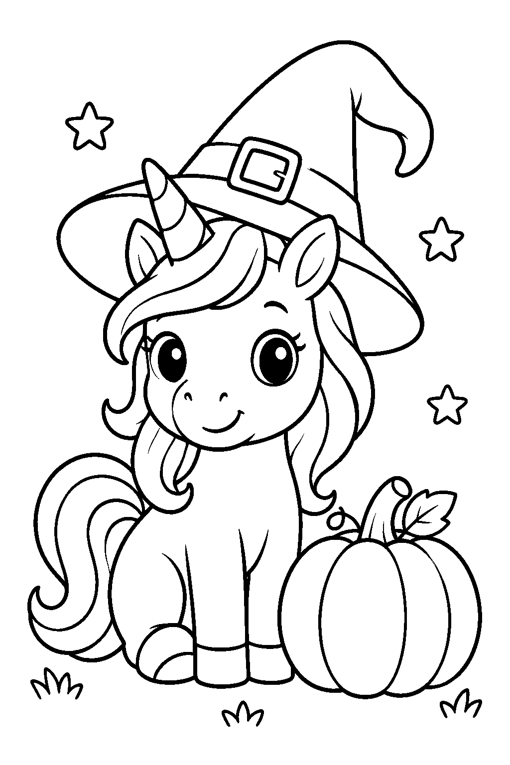 Unicorn in a Witch Hat coloring page for kids