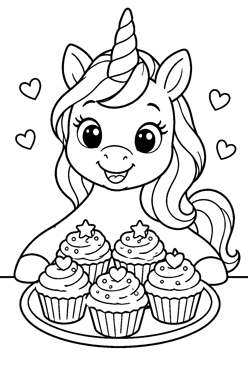 Unicorn with Cupcakes coloring page for kids